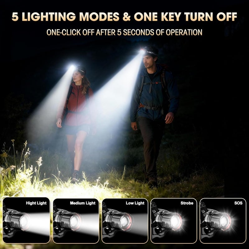 ATDOALL Super Bright LED Headlamp, High Lumen Rechargeable Head Lamp with Motion Sensor, 5 Modes, IPX5 Waterproof, 90° Adjustable, Zoomable Head Lights for Adults, Hard Hat, Outdoor, Camping - Image 3